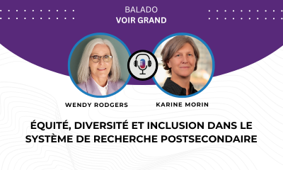 Photo de Wendy Rodgers et Karine Morin. Le texte lit : "Équité, diversité et inclusion dans le système de recherche postsecondaire"