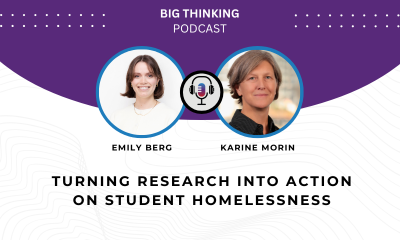 Headshot of Emily Berg and Karine Morin. Text reads: Turning research into action on student homelessness