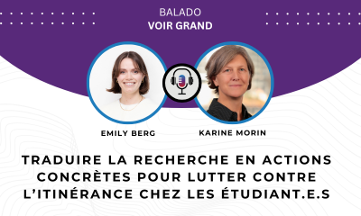 Photo d'Emily Berg et Karine Morin. Le texte lit : Traduire la recherche en actions concrètes pour lutter contre l'itinérance chez les étudiant.e.s