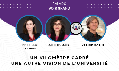 Photo de Priscilla Ananian, Lucie Dumais et Karine Morin. Le texte lit : Un kilomètre carré. Une autre vision de l'Université.